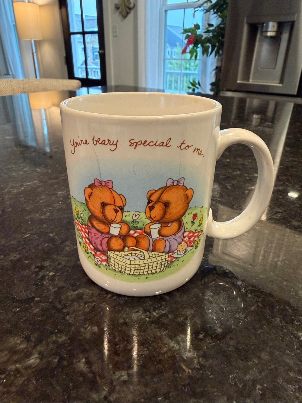 Avon White Mug with Brown Bear Picnic Illustration